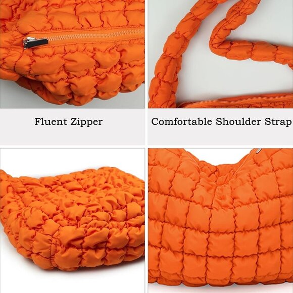 Puffer Quilted Shoulder Bag for Women Puffy Bubble Tote Bag Lightweight Nylon Ha - Picture 6 of 6